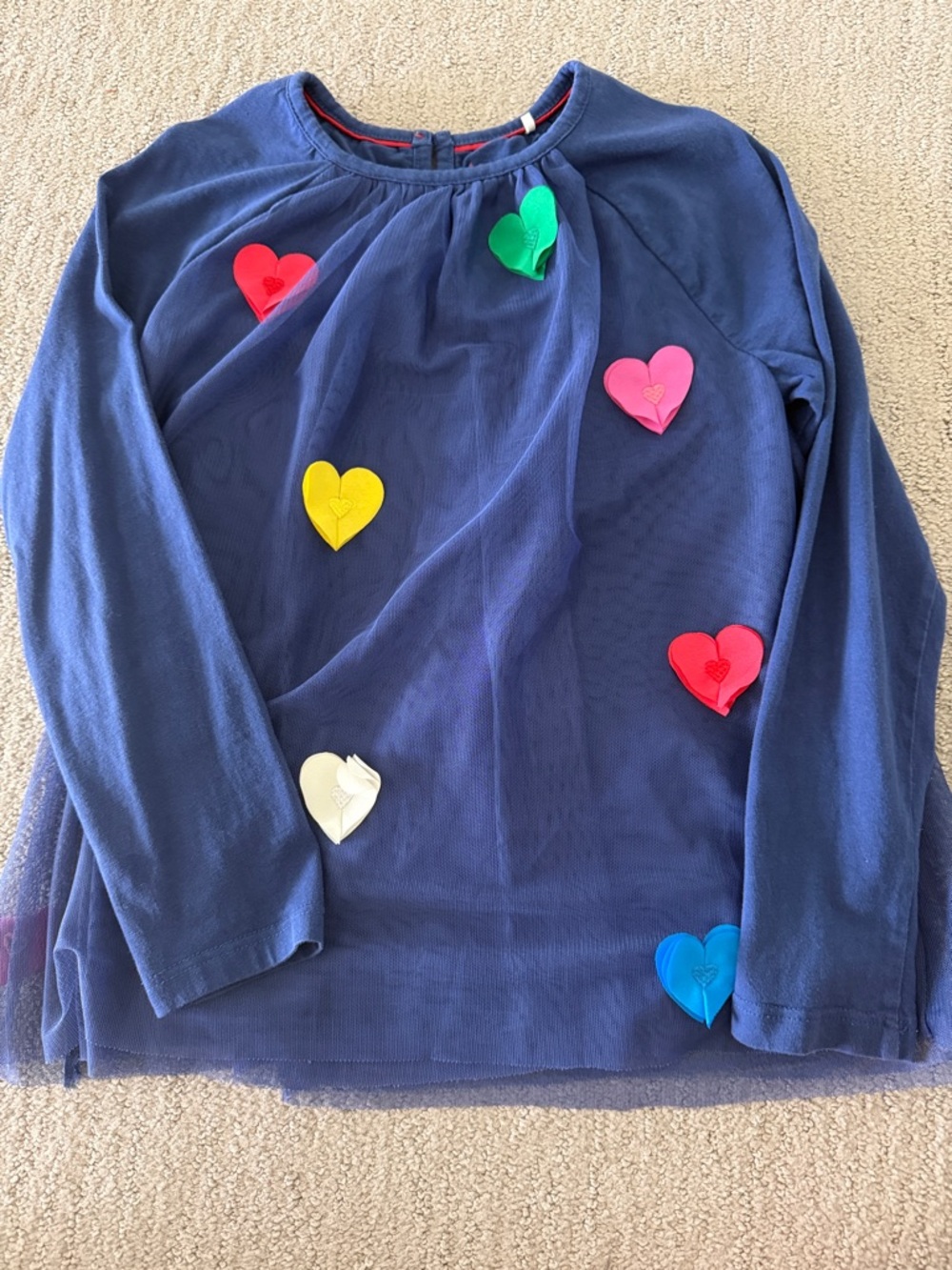 Mini Boden Navy Blue Long Sleeve Top with Colorful Heart Appliques